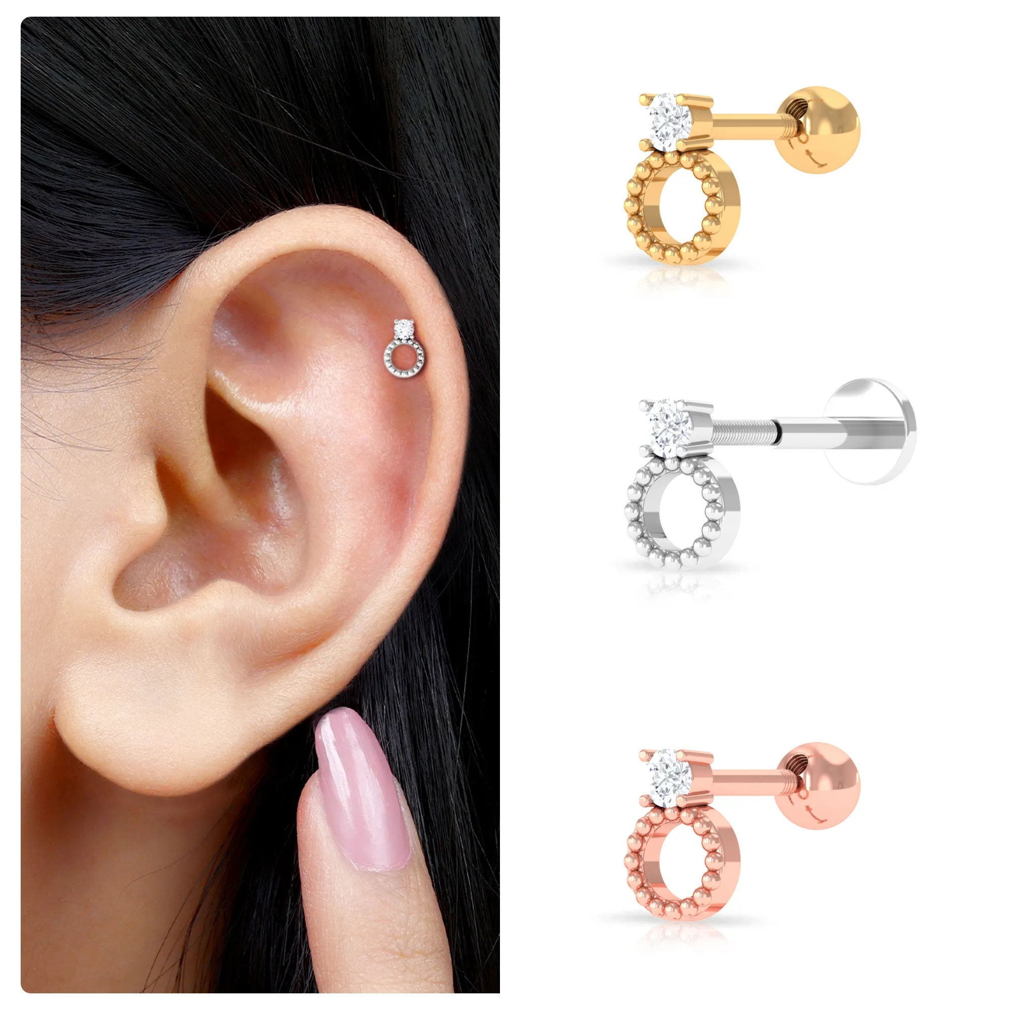 Round Diamond Gold Beaded Open Circle Tragus Earring