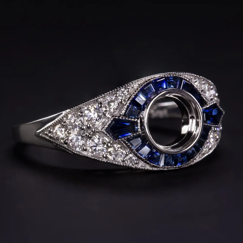 SAPPHIRE DIAMOND ENGAGEMENT RING SETTING ROUND VINTAGE ART DECO WHITE GOLD 3/4ct