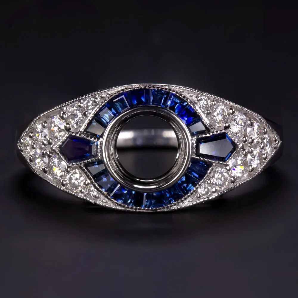 SAPPHIRE DIAMOND ENGAGEMENT RING SETTING ROUND VINTAGE ART DECO WHITE GOLD 3/4ct