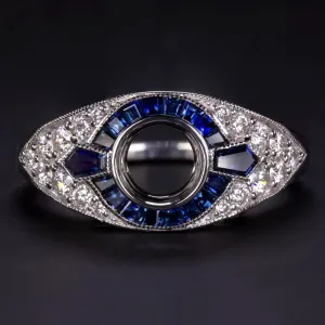 SAPPHIRE DIAMOND ENGAGEMENT RING SETTING ROUND VINTAGE ART DECO WHITE GOLD 3/4ct