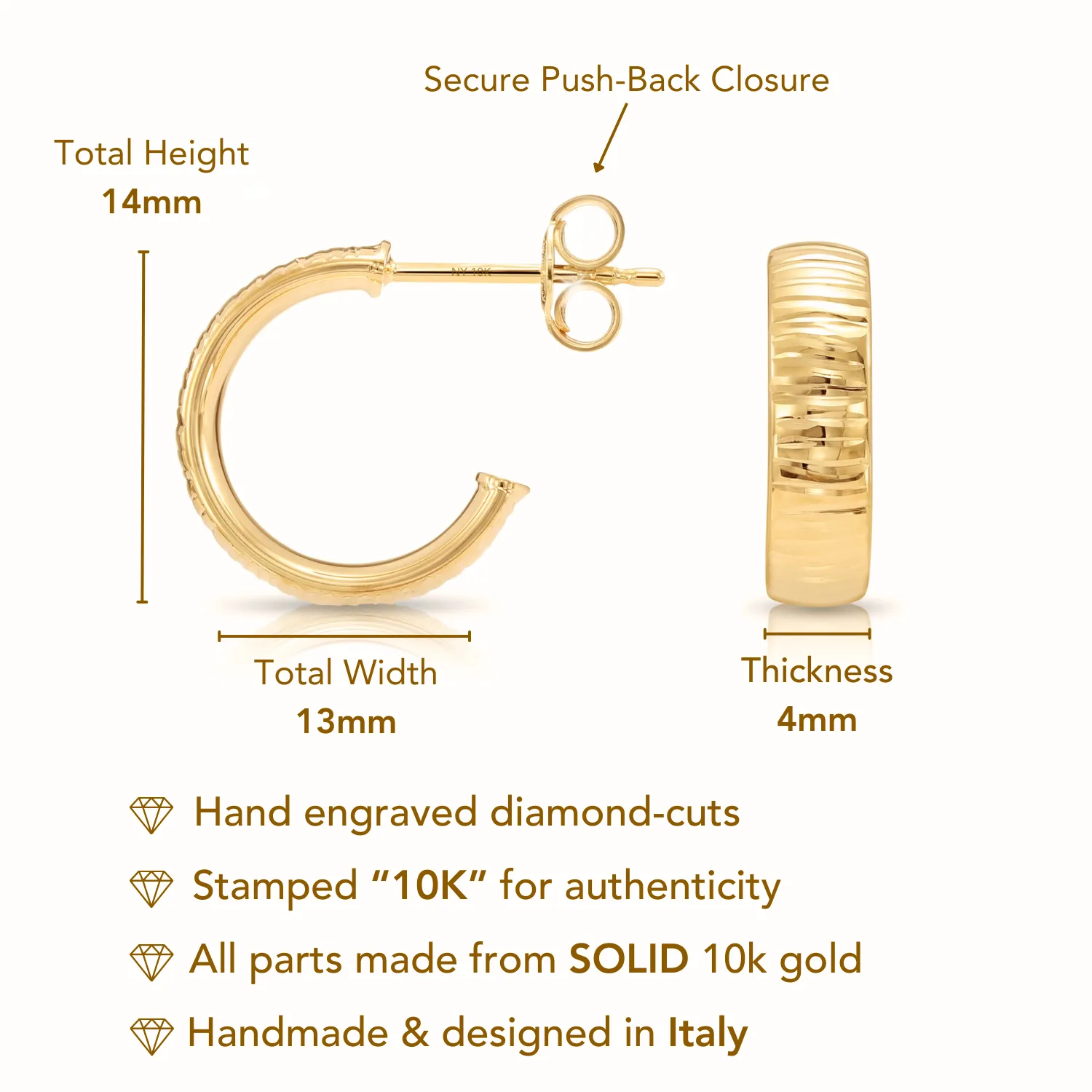 Solid 10K Yellow Gold Diamond-Cut Hoop Earrings, Italian Style Design With Secure Pushbacks, 13mm (0.5in)