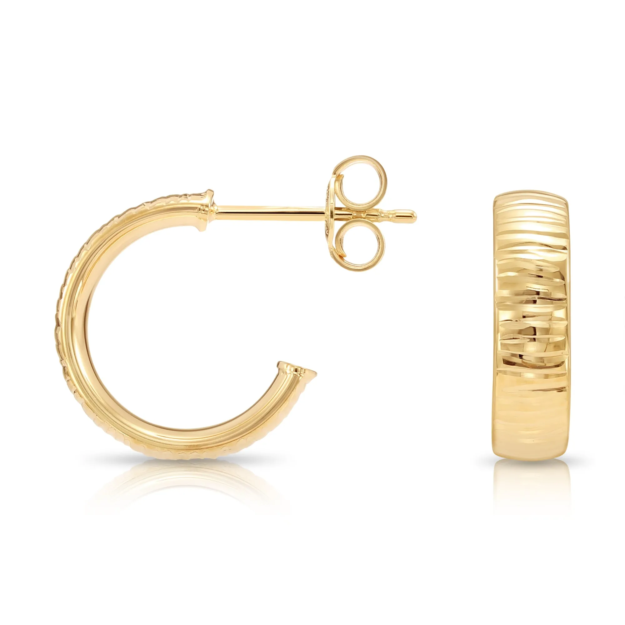 Solid 10K Yellow Gold Diamond-Cut Hoop Earrings, Italian Style Design With Secure Pushbacks, 13mm (0.5in)