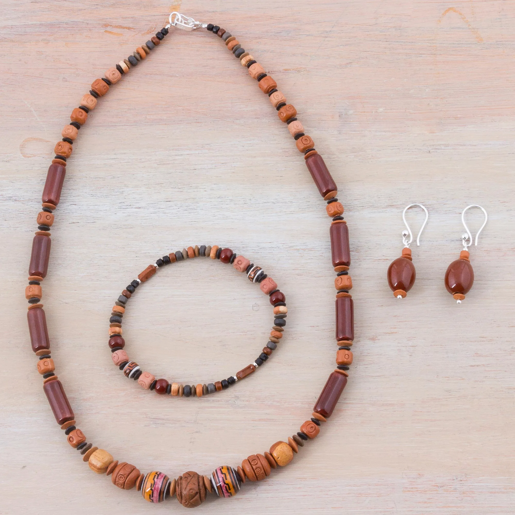 Sterling Silver and Ceramic Brown Jewelry Set from Peru - Mountain Force | NOVICA