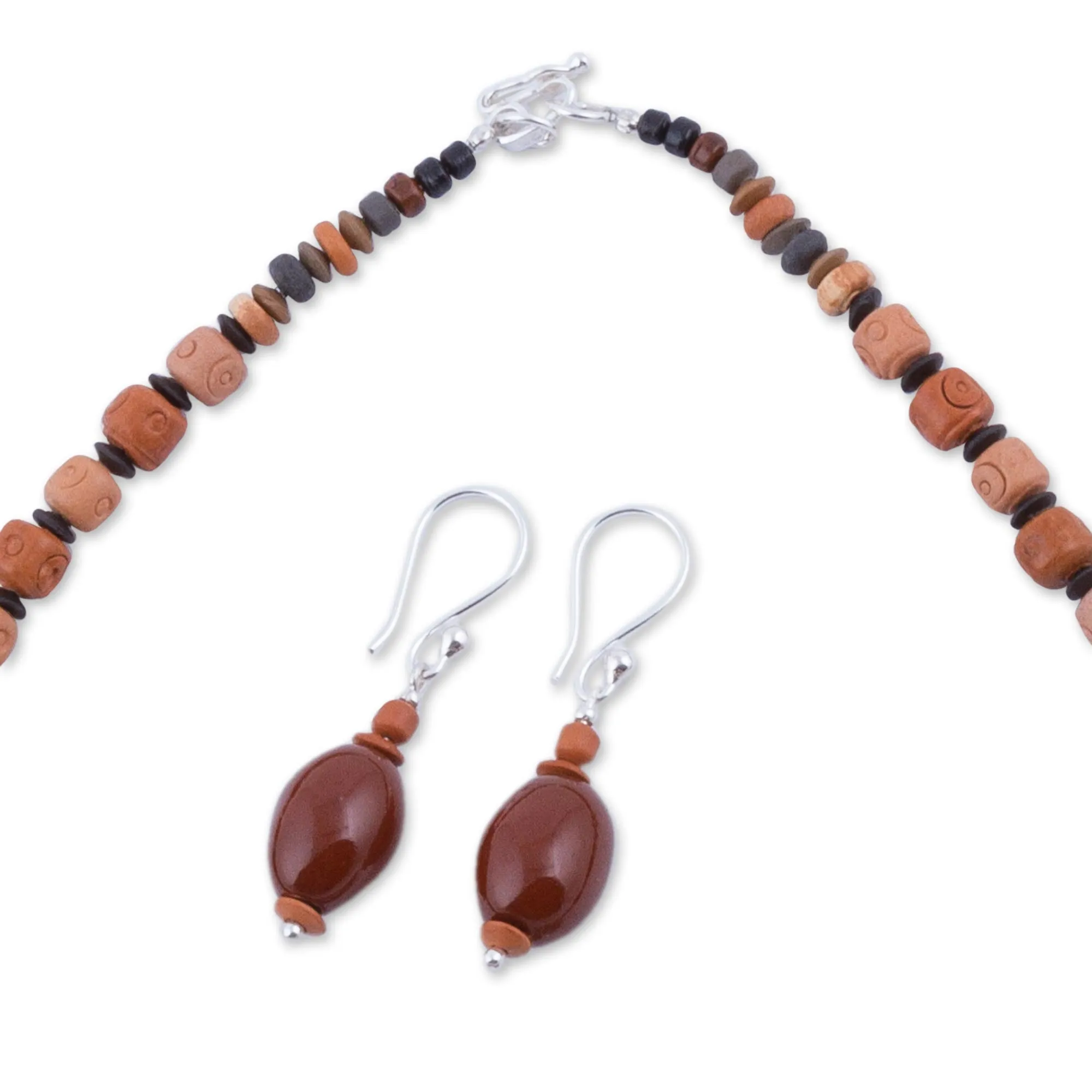 Sterling Silver and Ceramic Brown Jewelry Set from Peru - Mountain Force | NOVICA