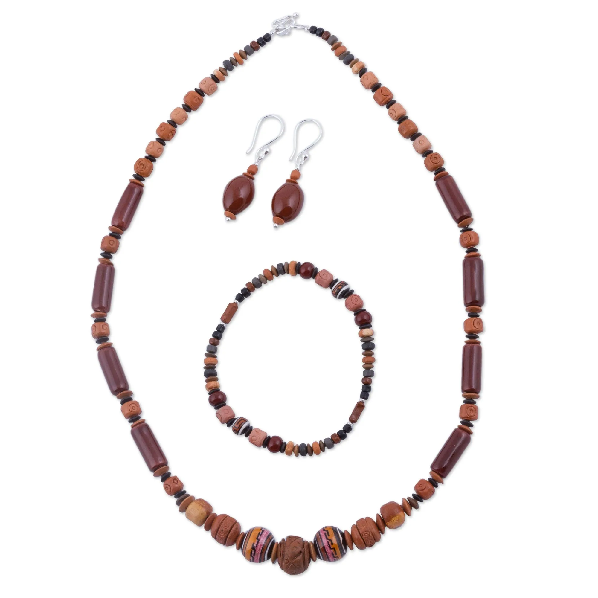 Sterling Silver and Ceramic Brown Jewelry Set from Peru - Mountain Force | NOVICA