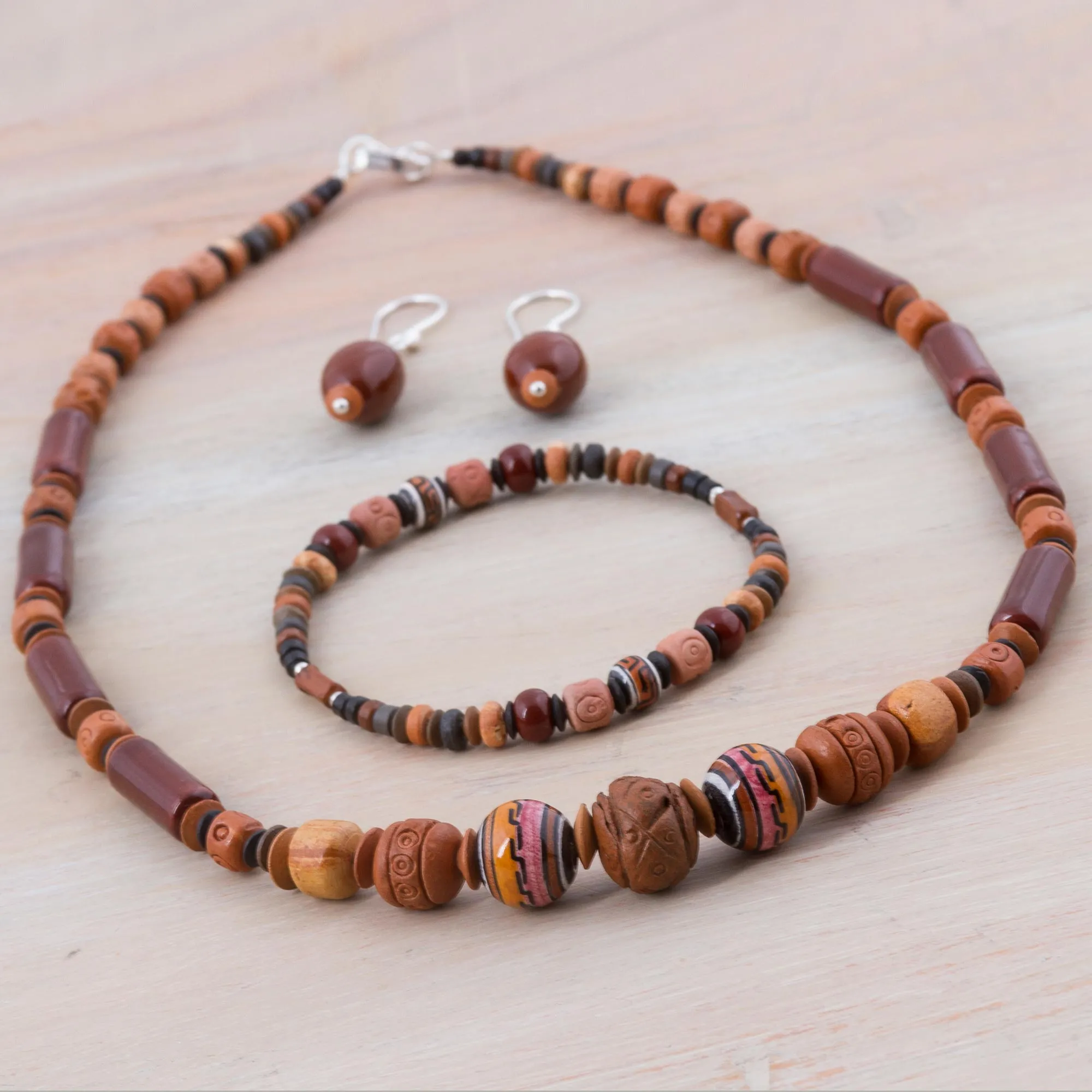 Sterling Silver and Ceramic Brown Jewelry Set from Peru - Mountain Force | NOVICA