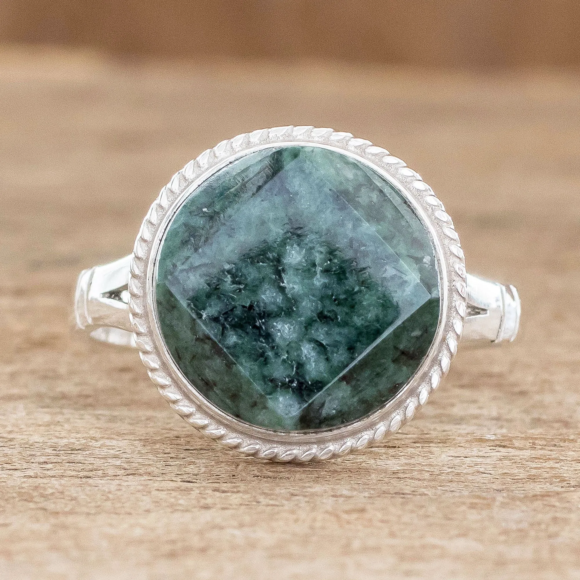 Sterling Silver Green Jade Cocktail Ring - Square Circle | NOVICA