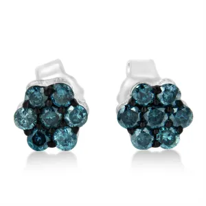 Sterling Silver Treated Blue Diamond Floral Stud Earrings (1/2 cttw, Blue Color, I2-I3 Clarity)