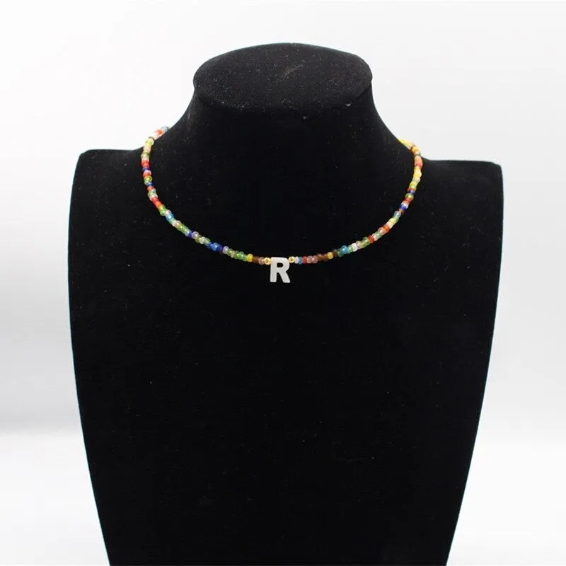 Summer Fun Fashion Beaded Choker Necklaces with Personalized A-Z Initial Letter Charm