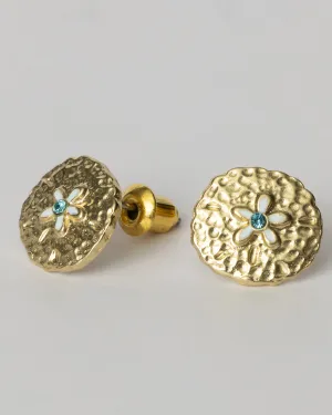 Textured Gold Sand Dollar and Aqua Crystal Stud Earrings Coastal Cowgirl