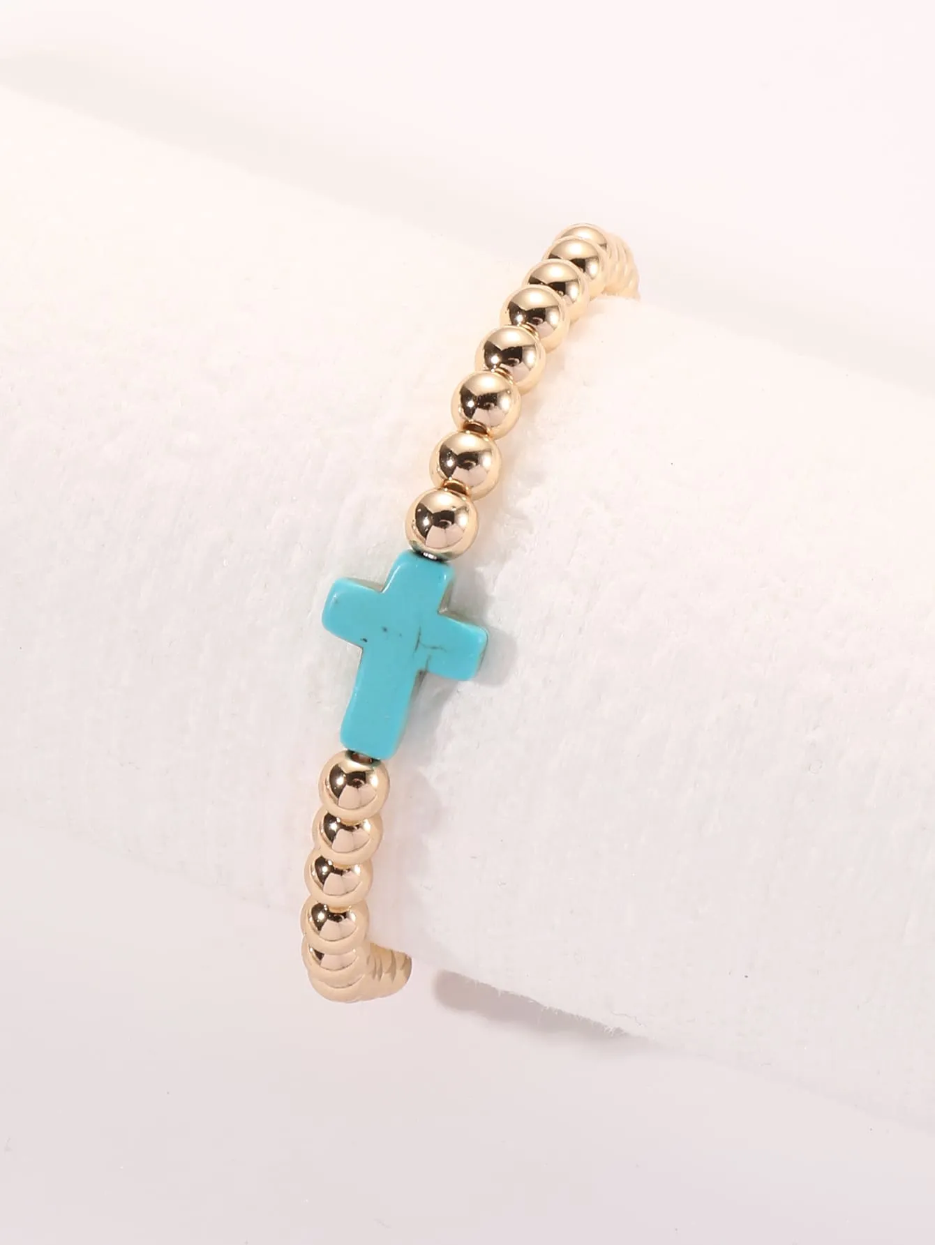 Turquoise Cross Decor Gold Color Beaded Bracelet Women Bracelet Stackable