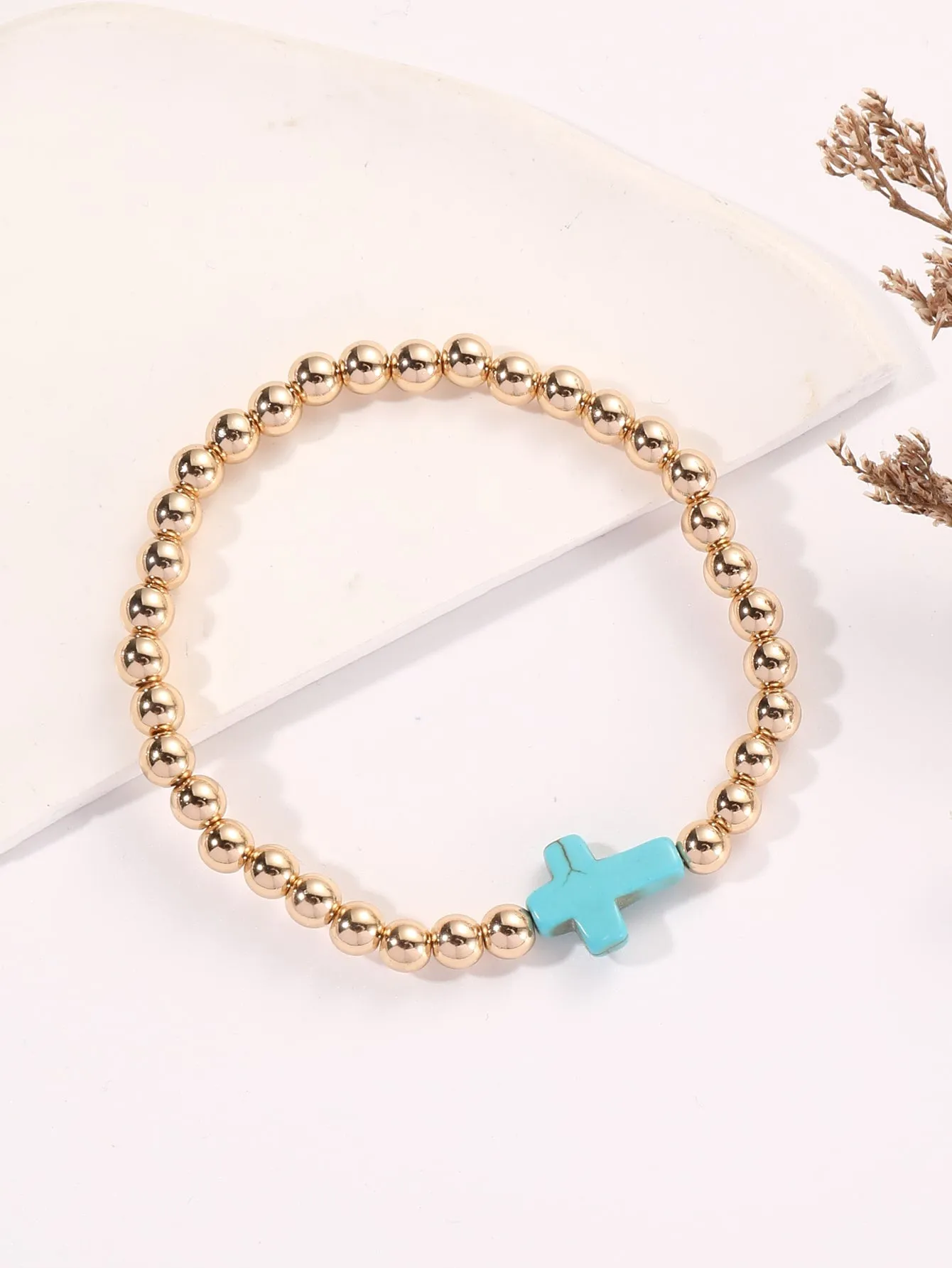 Turquoise Cross Decor Gold Color Beaded Bracelet Women Bracelet Stackable