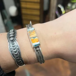 Turquoise Orange Spiny Bar Genuine Sterling Silver Cuff Bracelet