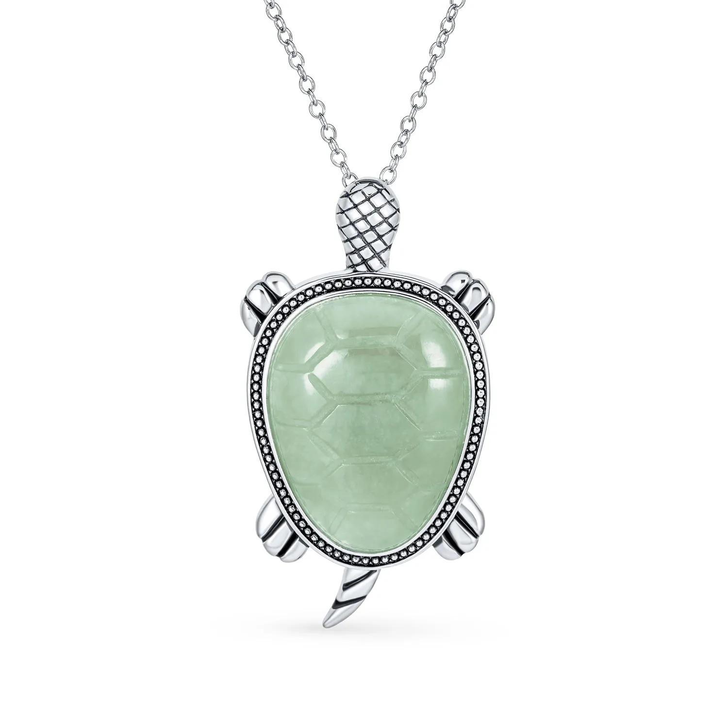 Unisex Nautical Gemstone Jade Sea Turtle Pendant Necklace in Sterling Silver