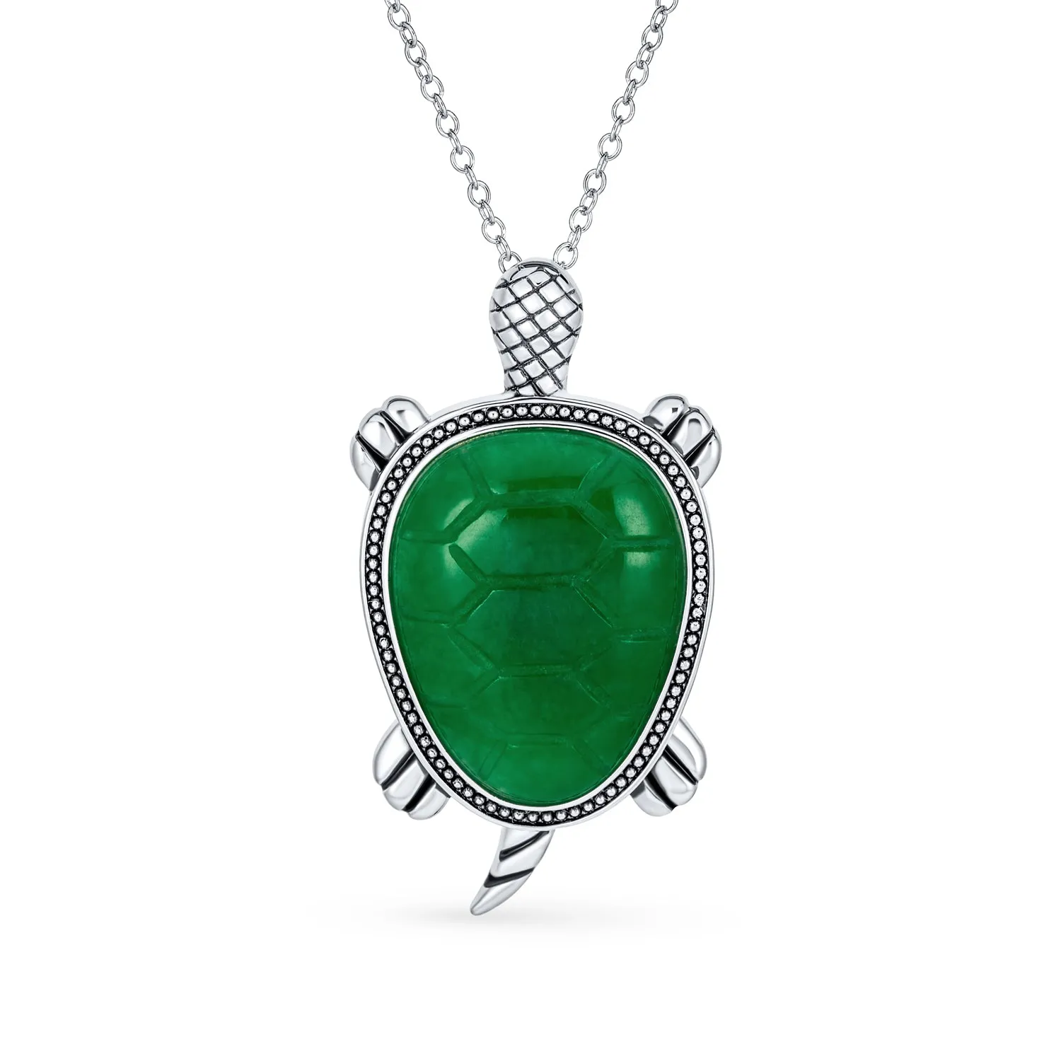 Unisex Nautical Gemstone Jade Sea Turtle Pendant Necklace in Sterling Silver