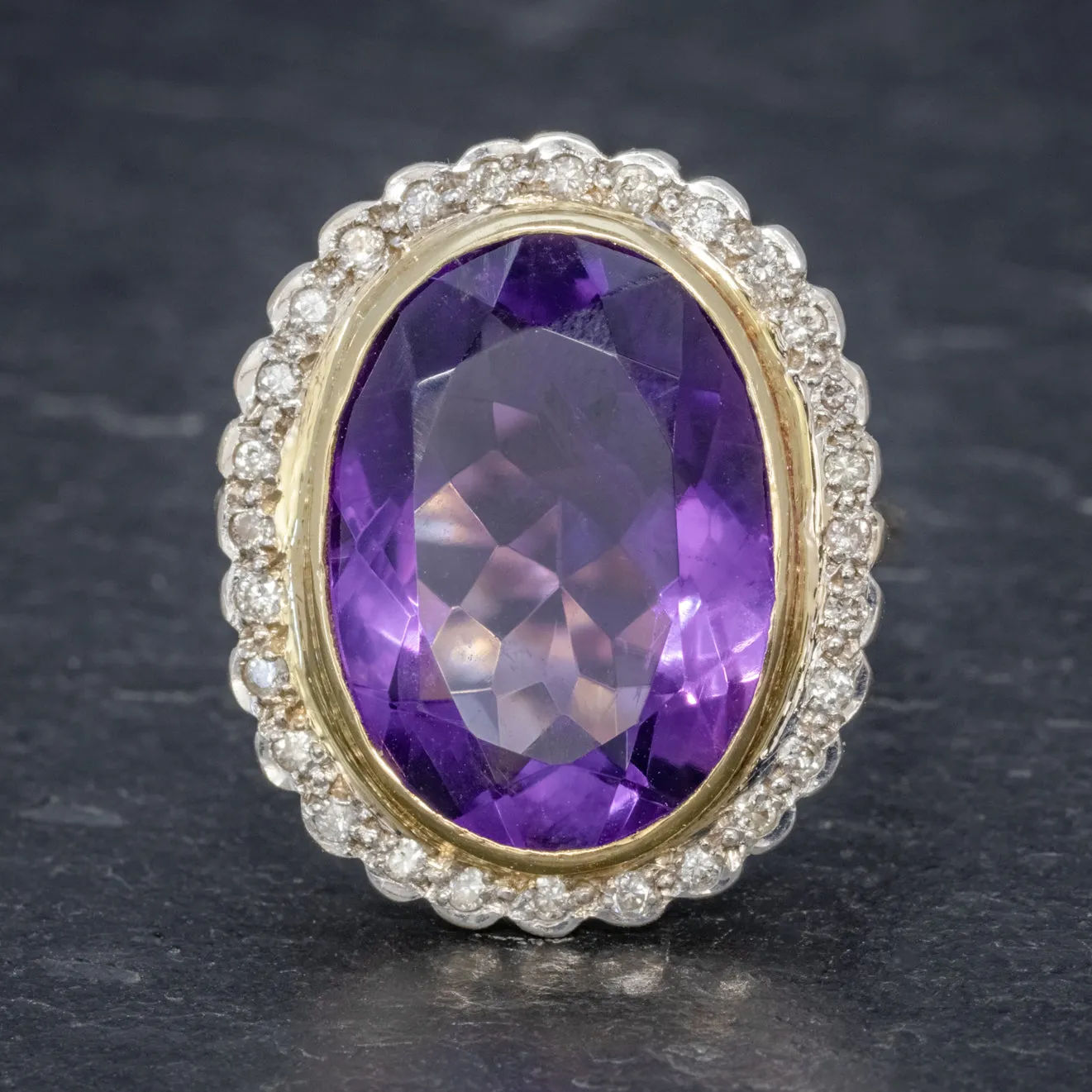 Vintage 12Ct Amethyst Diamond Cocktail Ring 18Ct Gold Dated 1989