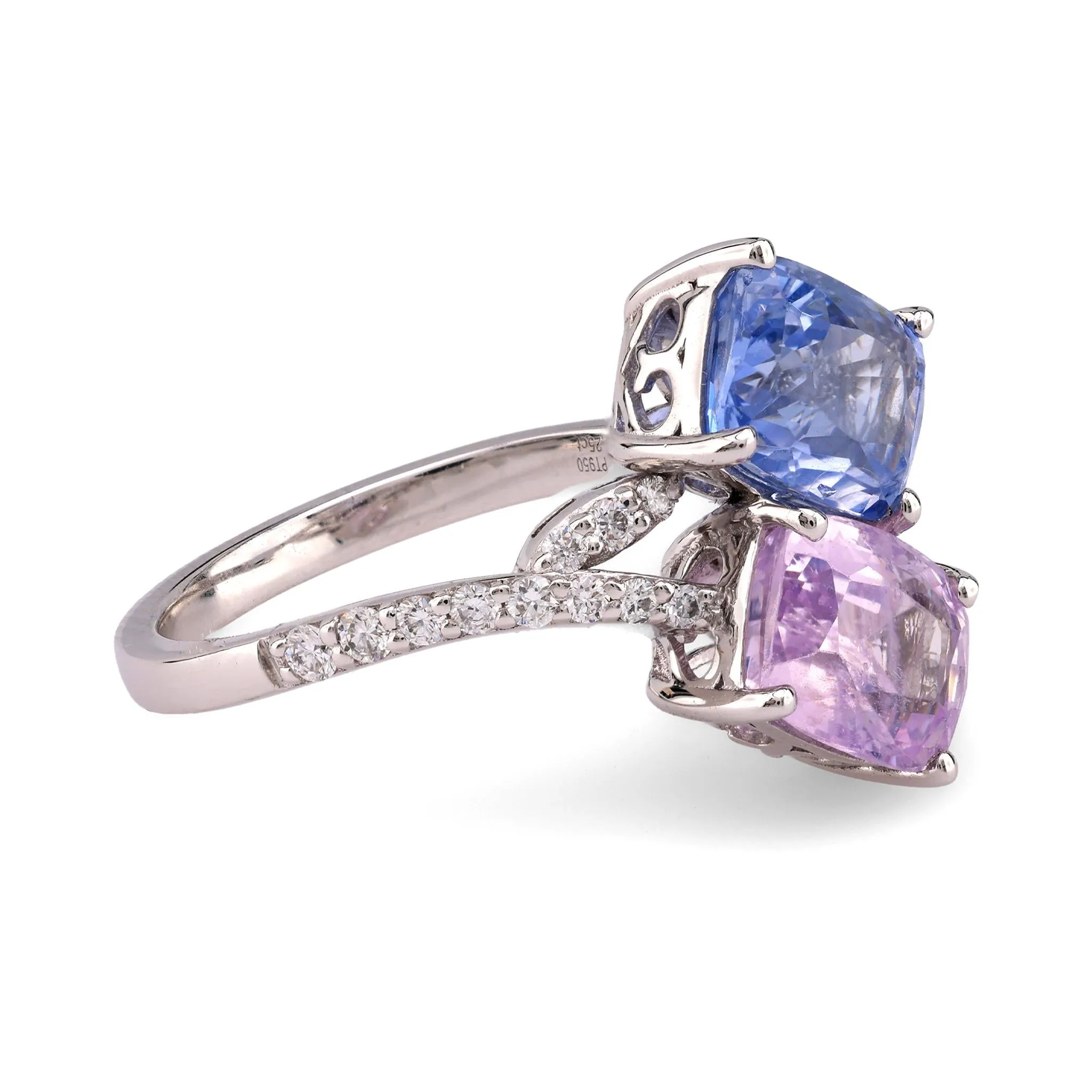 Vintage 4.43 Carat Blue and Pink Sapphire Diamond Platinum Toi Et Moi Ring