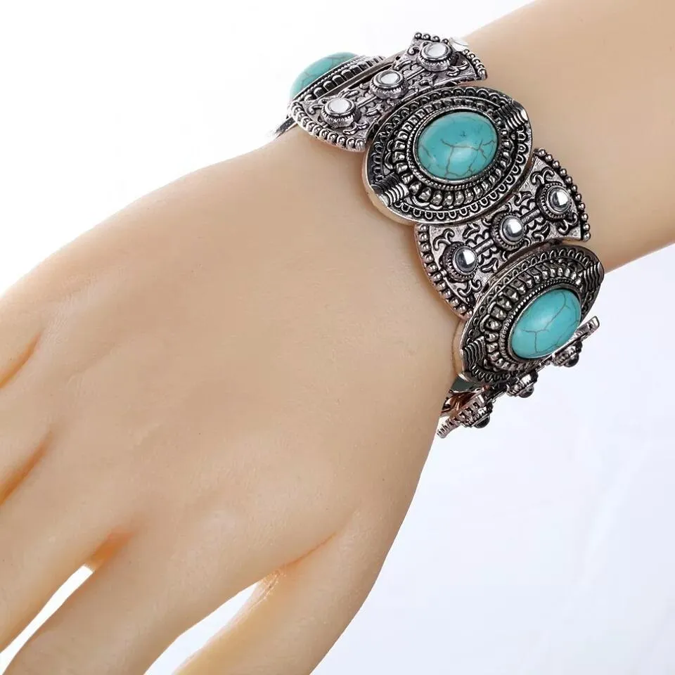 Vintage Ethnic Style Alloy Plated Ancient Silver Turquoise Bracelet