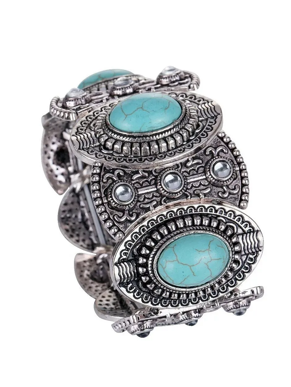 Vintage Ethnic Style Alloy Plated Ancient Silver Turquoise Bracelet