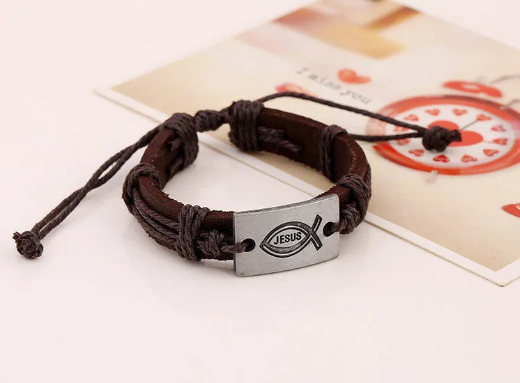 Vintage Genuine Leather Jesus Fish Christian Bracelets