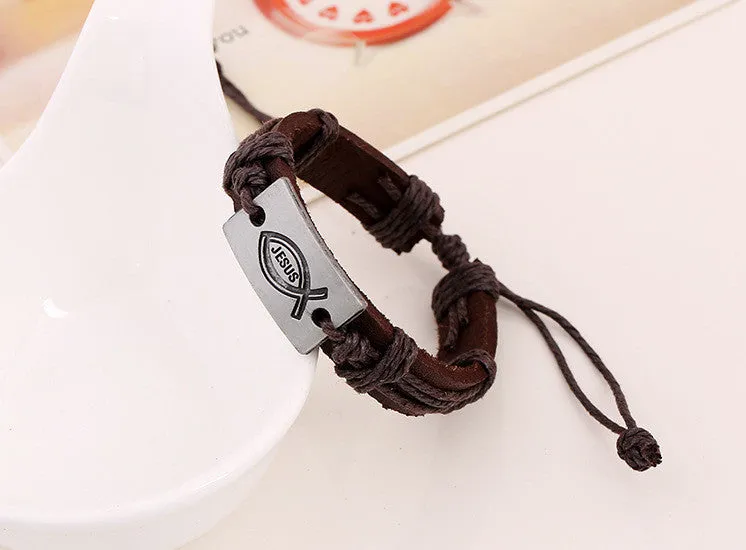 Vintage Genuine Leather Jesus Fish Christian Bracelets