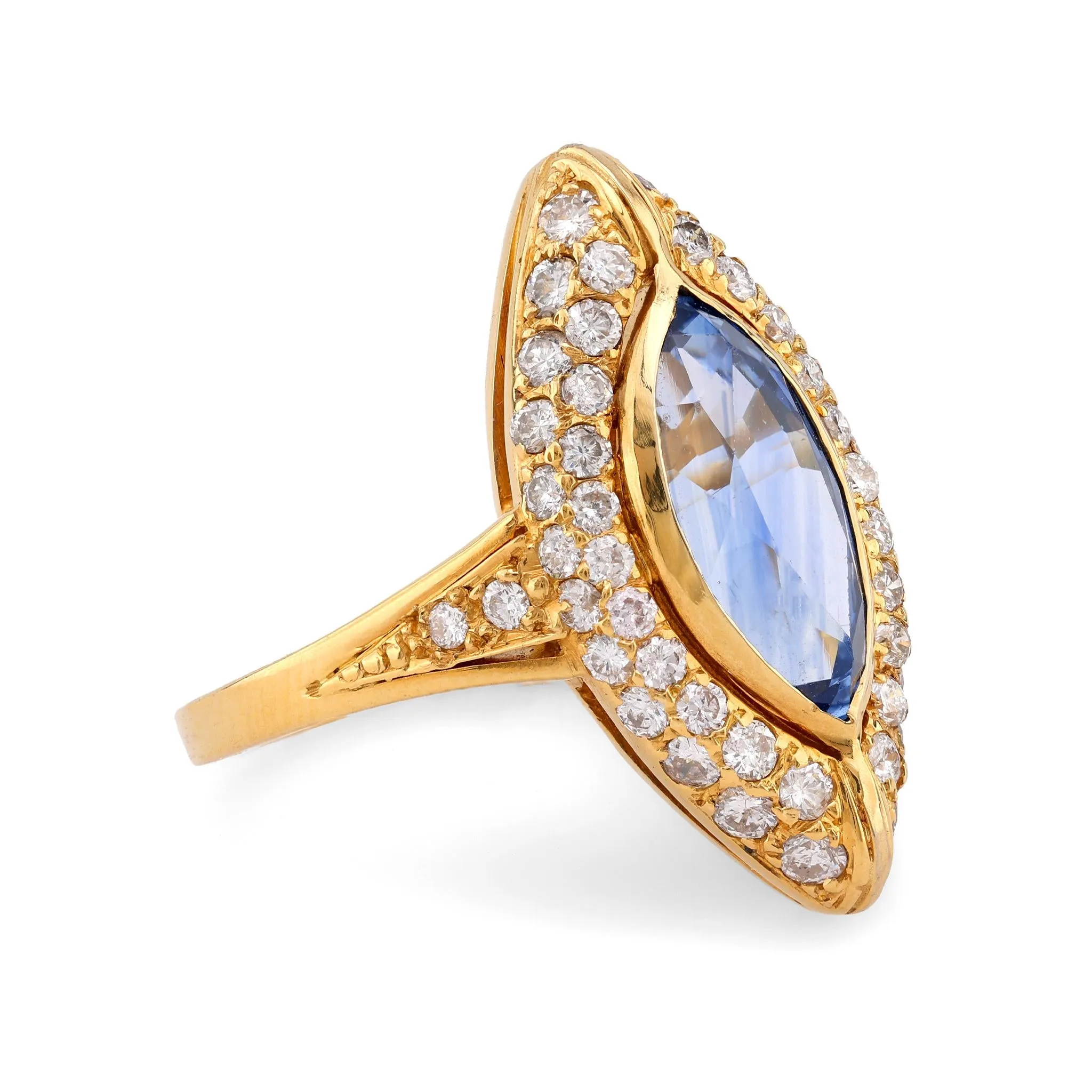 Vintage GIA 2.82 Carat Sapphire Diamond 18K Yellow Gold Navette Ring