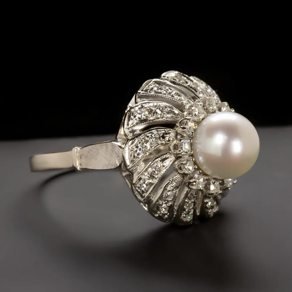 VINTAGE PEARL G-H VS DIAMOND COCKTAIL RING PLATINUM RETRO ESTATE HALO BALLERINA