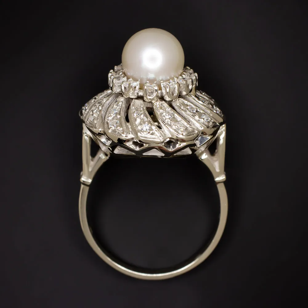 VINTAGE PEARL G-H VS DIAMOND COCKTAIL RING PLATINUM RETRO ESTATE HALO BALLERINA