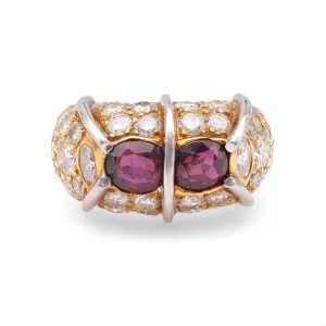 Vintage Rubellite Diamond 18k Yellow Gold Platinum Ring