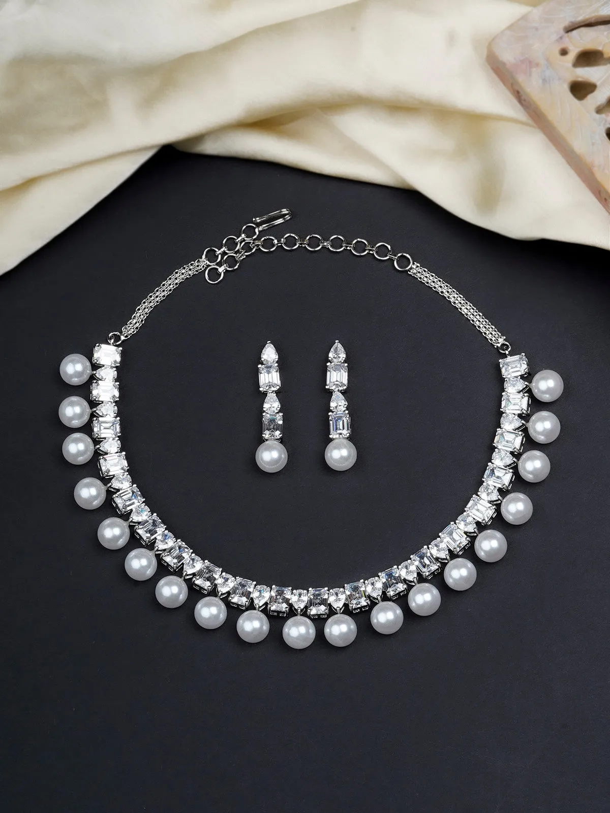 White Color Silver Plated Faux Diamond Necklace Set - CZSET332