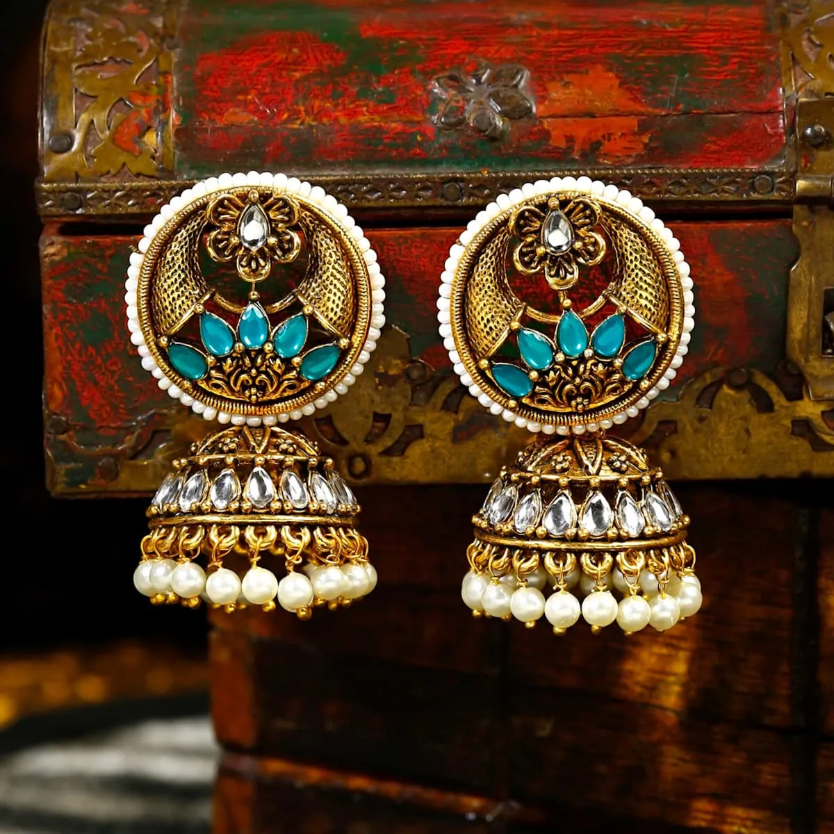 Yellow Chimes Earrings for Women Oxidised Gold Plated Peacock Designed Crystal studded Beads Drop Chandbali Drop Earrings for Women and Girls (ER 6)