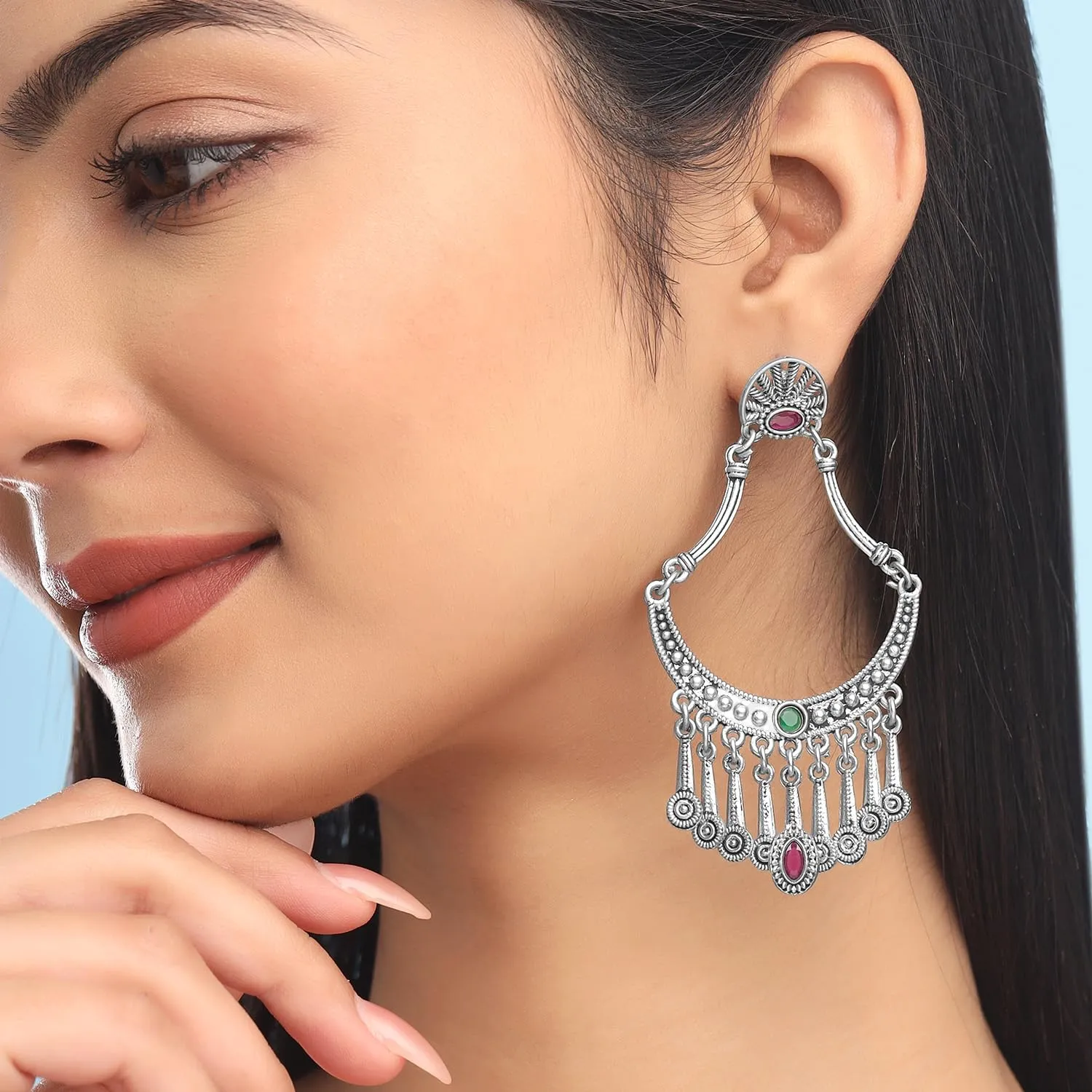 Yellow Chimes Earrings for Women Silver Oxidised Chandbali Earrings for Women | Traditional Oxidised Silver Plated Chand Balli Earrings | Birthday Gift For Girls and Women Anniversary Gift for Wife