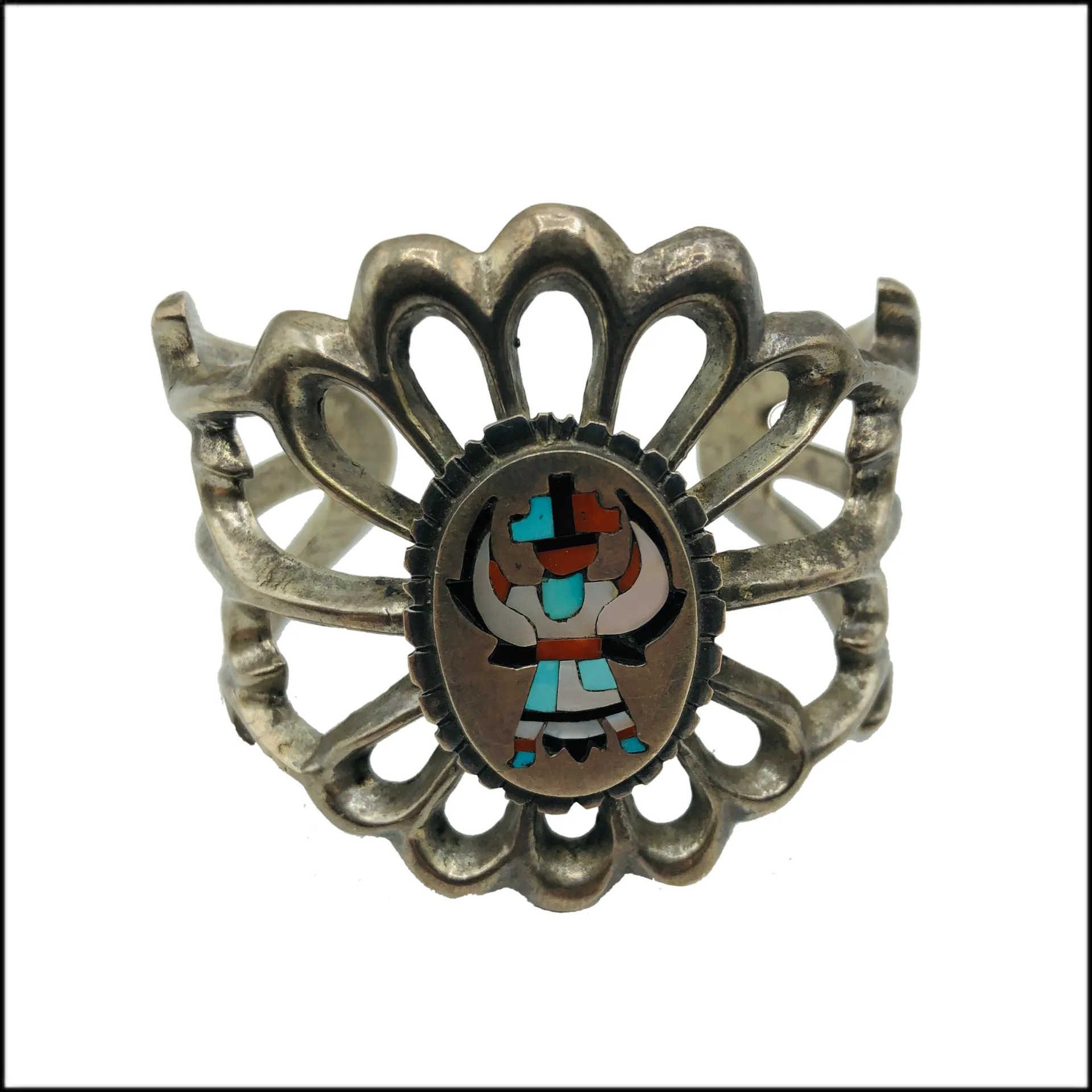 Zuni Sandcast Silver Cuff Bracelet with Knifewing Mosaic Inlay